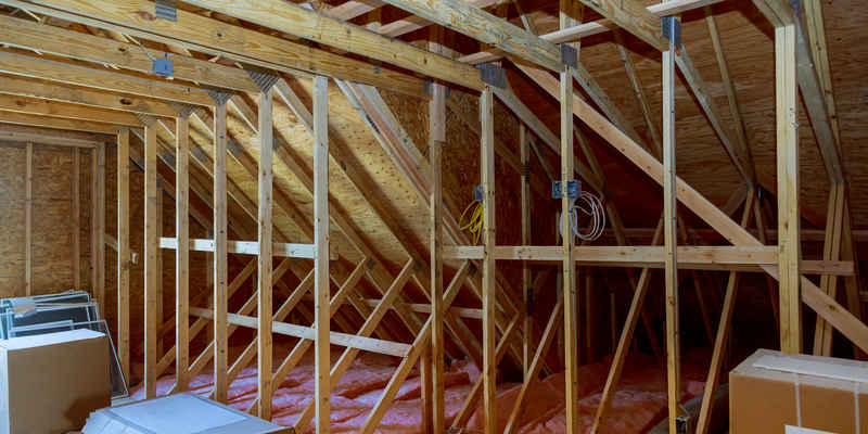 Foam plastic insulation installed in the sloping attic of new house